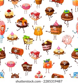 Cartoon cake, cupcake, jelly and cheesecake characters seamless pattern. Vector background with cute confectionery, pastry, honey jar, baba, muffin, roll or cocktail with pudding dessert personages