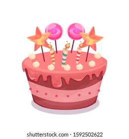 Cartoon cake illustration with candle and candy. Happy birhday. for greeting card, banner, logo, Vector eps 10. white background