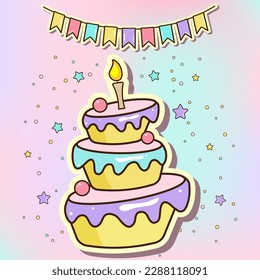 Cartoon cake illustration with candle, colorfull flags. Vector doodle happy birhday party.