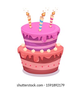 Cartoon cake illustration with candle. Happy birhday. for greeting card, banner, logo, Vector eps 10. white background