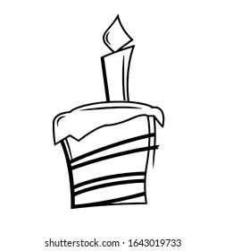 Cartoon cake illustration with candle. Happy birhday. Cute illustration for a holiday or dyeing isolated object on a white background.