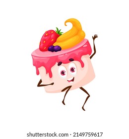 Cartoon cake with jam and fruits, vector dessert character. Bakery personage with funny face waving hand. Bakehouse production, fairytale freshly baked pastry, kawaii bake house confectionery