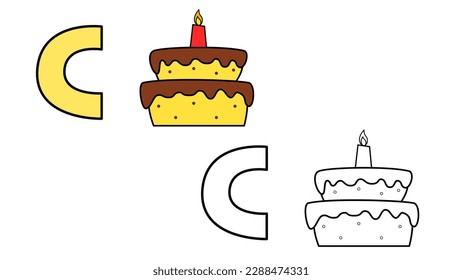 Cartoon cake and letter C coloring book vector illustration for children