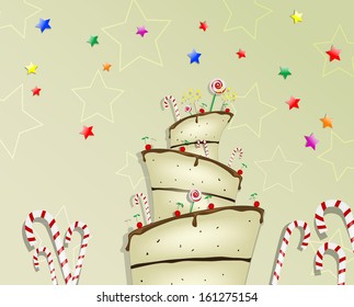 Cartoon cake. May be used as a postcard, background image, illustration. Vector