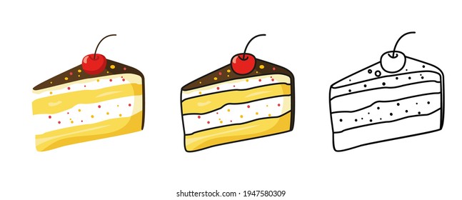 Cartoon cake pieces. Set of snack yummy, berry and tasty, pie with cherry. Sweet food, dessert piece. Sweet Cake Dessert with Creme Pie Slice Piece Flat line. Vector illustration. Colored and outline