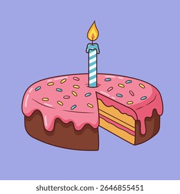 O bolo de desenhos animados com geada rosa e polvilhos coloridos tem uma fatia removida e uma vela acesa, colocada contra um fundo roxo, criando uma vibração comemorativa perfeita para convites ou designs festivos.