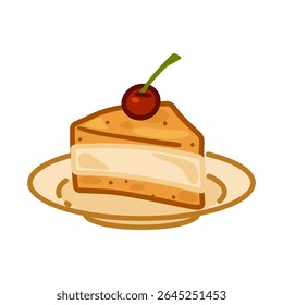 Cartoon Cake Slice mit Kirsche. Nette Cartoon-Illustration einer Scheibe geschichteten Kuchen mit Sahne-Füllung und Kirsche auf der Oberseite, auf einem Teller serviert. Flacher Stil, warme Farben, einzeln auf Weiß.
