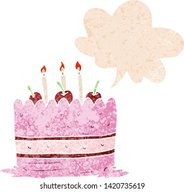 cartoon cake with speech bubble in grunge distressed retro textured style