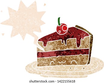 cartoon cake with speech bubble in grunge distressed retro textured style