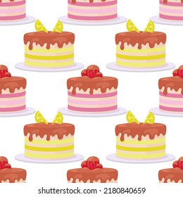 Estilo de tarta de caricatura con cerezas y limones sin costura. Tarjetas de cumpleaños felices