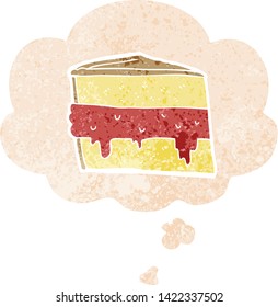 cartoon cake with thought bubble in grunge distressed retro textured style