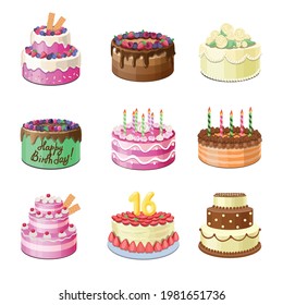 Cartoon cakes. Birthday party tasty cakes set . Anniversary decorating cupcakes Desserts with celebration candles and chocolate slices,