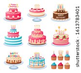 Cartoon cakes. Colorful delicious desserts, birthday cake with celebration candles and chocolate slices, holiday party decoration cupcakes vector set