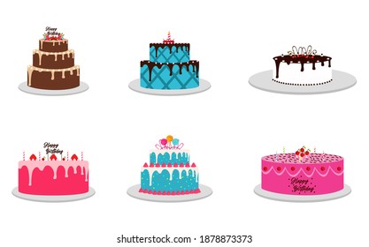 Cartoon cakes. Colorful delicious desserts, birthday cake with celebration candles and chocolate slices, holiday party decoration cupcakes vector set