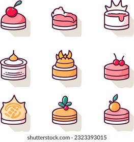 Cartoon cakes. Colorful delicious desserts, birthday cake with celebration 02