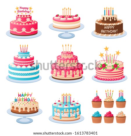 Cartoon cakes. Colorful delicious desserts, birthday cake with celebration candles and chocolate slices, holiday party decoration cupcakes vector set