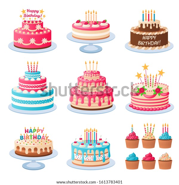 Cartoon cakes. Colorful delicious desserts,\
birthday cake with celebration candles and chocolate slices,\
holiday party decoration cupcakes vector\
set