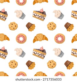 Pasteles de dibujos animados, pasteles sin patrón. colección de Vector. Textura de Elementos de panadería. Postres dulces de confitería con galleta de croissant de rosquilla de pastel, panadería de magdalena.
