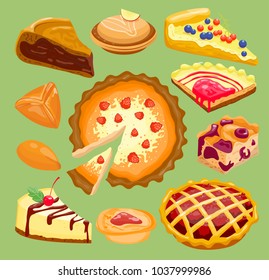 Cartoon cakes pie slice fresh tasty berry dessert sweet pastry pie isolated on background. Gourmet homemade delicious cream traditional bakery cakes and cookies slices tart