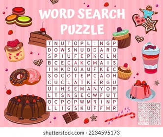 Cartoon cakes, pies and desserts, word search puzzle game worksheet, vector word quiz. Word search riddle to find word of donut and pudding, bakery cakes, cheesecake or pancake with muffin