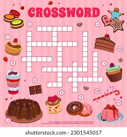 Cartoon cakes, sweets and desserts crossword grid, find a word quiz game. Vector worksheet with cupcake, macaron, biscuit, cheesecake and chocolate. Muffin, yogurt, donut or lollipop, pudding and pie