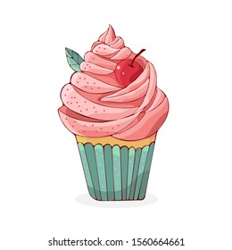 Cartoon cakes in vector. Hand drawn dessert in vintage style. Cap cake with cream and cherry. Sweet food isolated on white background. Design element for decoration of confectionery, coffee shop.
