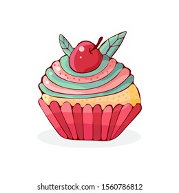 Cartoon cakes in vector. Hand drawn dessert in vintage style. Cap cake with cream and cherry. Sweet food isolated on white background. Design element for decoration of confectionery, coffee shop.
