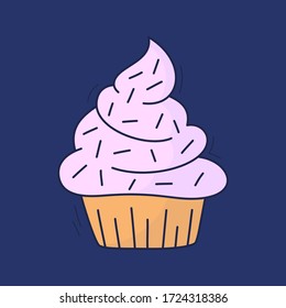 pasteles de dibujos animados en vector. Postre dibujado a mano en estilo vintage. Tapón con crema. La comida dulce aislada en segundo plano. Versión coloreada de la línea de ilustración. Doodle