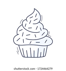 cartoon cakes in vector. Hand drawn dessert in vintage style. Cap cake with cream. Sweet food isolated on background. Illustration line art colored version. Doodle