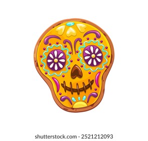 Cartoon calavera skull cookie for Mexican holiday of Dead Day and Dia de Los Muertos, vector biscuit cake. Mexican calavera skull cookie with caramel and chocolate flowers for sweet pastry on Dead Day