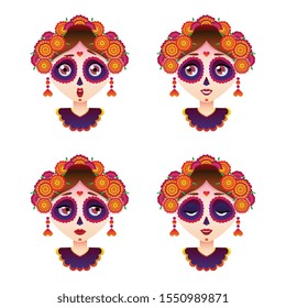 Cartoon calavera sugar skull mexican girl emotions