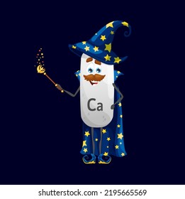 Cartoon calcium micronutrient wizard character. Isolated mustached vector Ca wizard warlock nutrient capsule personage wear astrologer hat and cloak with stars holding staff. Funny supplement wiz