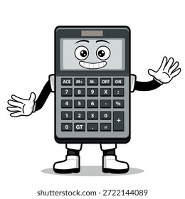 Una calculadora de dibujos animados con una expresión. Adecuado para su uso como elemento en diseños de temática empresarial. Se puede aplicar a varios medios impresos.
