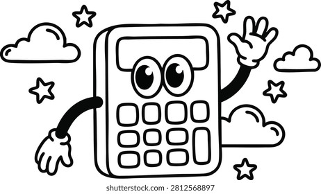 Cartoon calculator with face and hands waving among clouds and stars line art