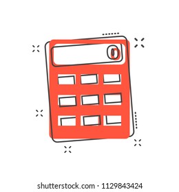 Cartoon calculator icon in comic style. Calculate illustration pictogram. Calculator sign splash business concept.