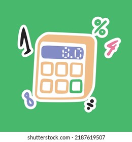 Cartoon calculator with numbers flying around. Vector sticker. School, mathematics, algebra, accounting.