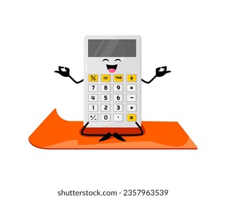 Cartoon calculator school supply character on yoga fitness sport. Isolated vector personage sitting on mat in lotus poses, promoting mindfulness and relaxation, making learning process calming and fun