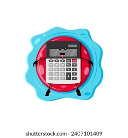 Cartoon calculator school supply character on summer beach vacation. Isolated vector counting tool personage floating on inflatable ring with smiling face expression relaxing after mathematics lessons