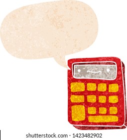 calculadora de dibujos animados con burbuja de habla en un estilo retro angustiado con textura grunge