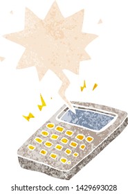 cartoon calculator with speech bubble in grunge distressed retro textured style