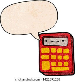 calculadora de dibujos animados con burbuja de voz en estilo de textura retro