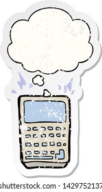 cartoon calculator with thought bubble as a distressed worn sticker