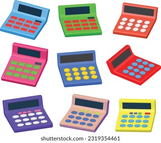 Cartoon calculators isolated on white background. Math device. Financial analytics. Calculator icons.