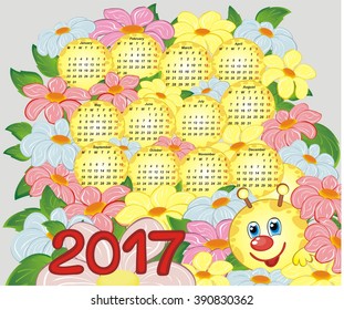 Cartoon calendar 2017. Yellow caterpillar in flowers 