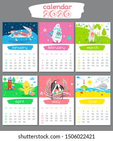 Cartoon Calendar 2020 year. Seasonal holiday illustrations with animals. Cute Winter, Spring, Summer vector background. January, February, March, April, May, June. Childish Organizer, vector planner