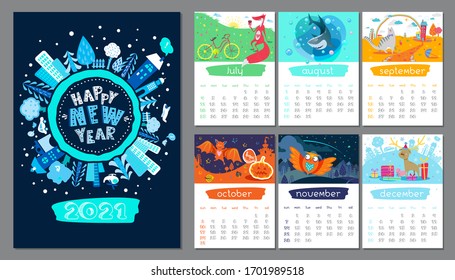 Cartoon Calendar 2021 year with cover. Seasonal illustration with animals. Summer, Autumn, Winter background. July, August, September, October, November, December. Childish Organizer, vector planner