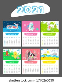 Cartoon Calendar 2021 year. Seasonal illustrations with animals. Winter, Spring, Summer vector background. January, February, March, April, May, June. Childish Organizer, vector planner