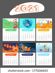 Cartoon Calendar 2021 year. Seasonal illustration with animals. Summer, Autumn, Winter background. July, August, September, October, November, December. Childish Organizer, vector planner