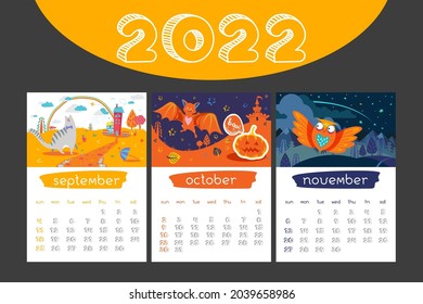 Cartoon Calendar 2022 year. Seasonal illustration with animals. Autumn background. September, October, November. Childish Organizer, vector planner