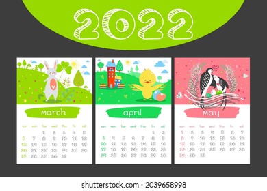 Cartoon Calendar 2022 year. Seasonal illustrations with animals. Spring vector background. March, April, May. Childish Organizer, vector planner